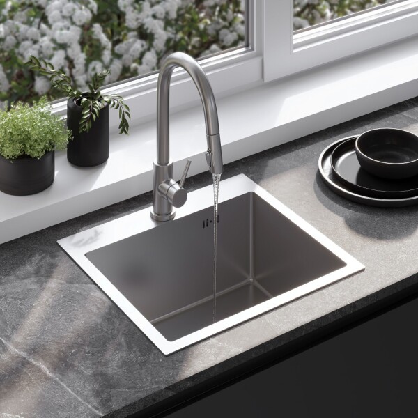 REA REA - Oceľový drez Leo 50 BRUSH NICKEL s kuchynskou batériou KPL-96003