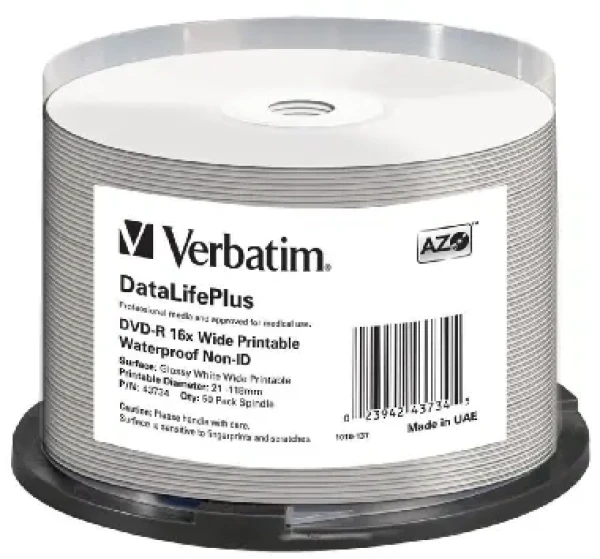 Verbatim DVD-R Wide Glossy / 4.7 GB / 16x / Printable / Waterproof / 50ks cake (43734)
