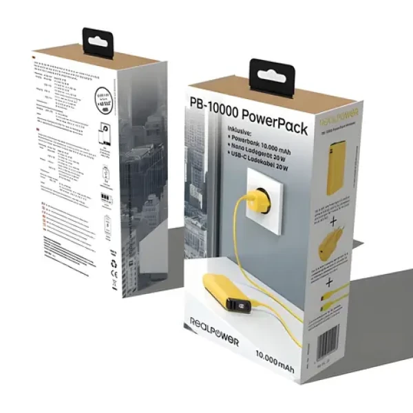 RealPower PB-10000 Set žltá / Powerbanka 10000 mAh / LED displej / USB-C PD / 22,5 W / vr. nabíjačky a kábla (390659)