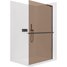 CERANO - Sprchová zástena Walk-in Onyx L-pravá vzpera - 8 mm + polička / držiak na uteráky - čierna matná, bronzové sklo - 130x200 CER-690025