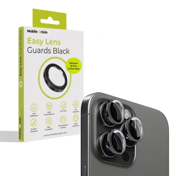 Mobile Origin Easy Lens guards ochranné sklo na objektív pre Apple iPhone 15 Pro/15 Pro Max čierna (FRL-LSG-i15Pro-BLK)