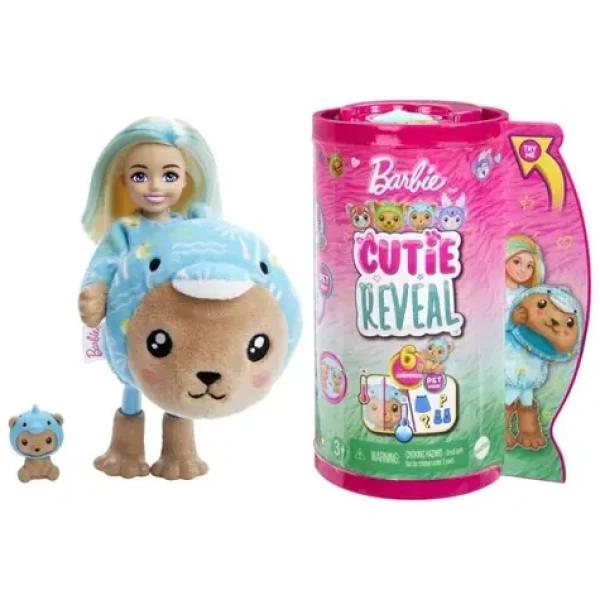 Mattel Barbie cutie reveal chelsea v kostýme - medvedík v modrom kostýme delfína