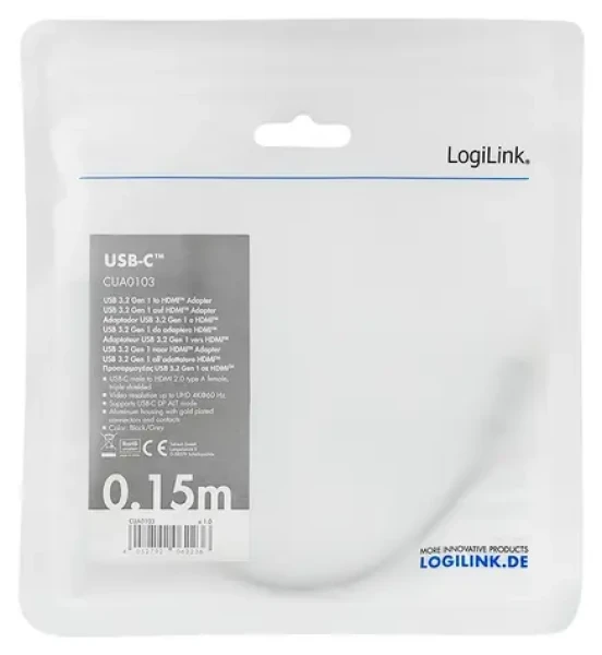 LogiLink USB-C - HDMI čierna / Redukcia / USB 3.2 Gen1 / 4K 60Hz / 0,15 m (CUA0103)