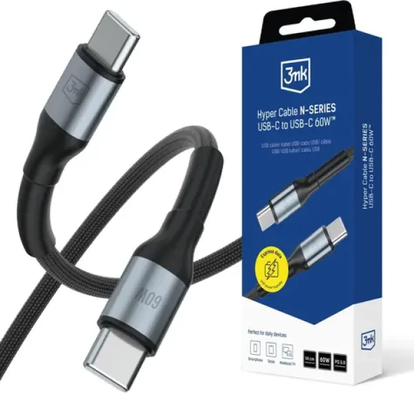 3mk Hyper Cable N-SERIES 0,5m čierna / Dátový kábel / USB-C na USB-C / 60W Power Delivery / nylonový oplet