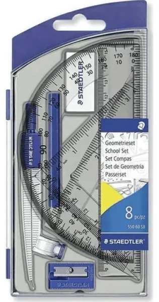 Staedtler Geometrická sada / 8 dielov / kružítko / uhlomer / pravítko 15 cm (550 60 S8)