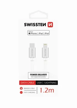 SWISSTEN TEXTILE dátový kábel USB-C - LIGHTNING MFi 1.2m strieborná (71526203)