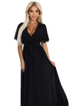 545-5 Dlhé šaty so skladaným výstrihom a viazaním - ČIERNE UNI