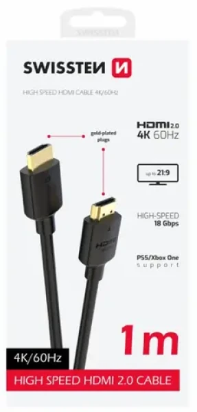 Swissten Kábel HDMI 2.0 (M) - HDMI 2.0 (M) 1m čierna / 18 Gbps / 4K / 60Hz / pozlátené kontakty (75501111)