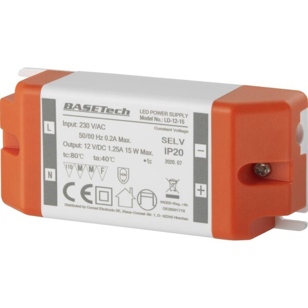 Basetech LD-12-15 napájací zdroj pre LED konštantné napätie 15 W 1.25 A schválenie nábytku, prepätia, montáž na nehorľavom povrchu; BT-2265915