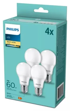 Philips LED žiarovka E27 60W 2700K, 4 ks / Žiarovka / Plast / Energetická trieda F / 220-240 V (929002306204)