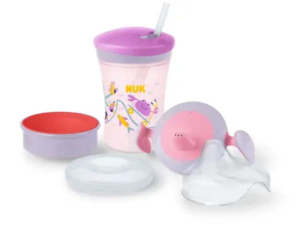 NUK Sada na pitie s nástavcami 230 ml fialovo-ružová / od 6 mesiacov / 3 nástavce / bez BPA (10255637)