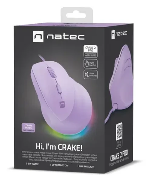 Natec Crake 2 PRO fialová / Vertikálna myš / Optická / Drôtová USB-A / 12 400 DPI / 6 tlačidiel / Pre pravákov (NMY-2274)