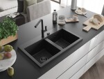 MEXEN/S MEXEN/S - Hektor granitový drez 2-bowl 800 x 480 mm, čierna/strieborná metalík, čierny sifón 6521802000-73-B