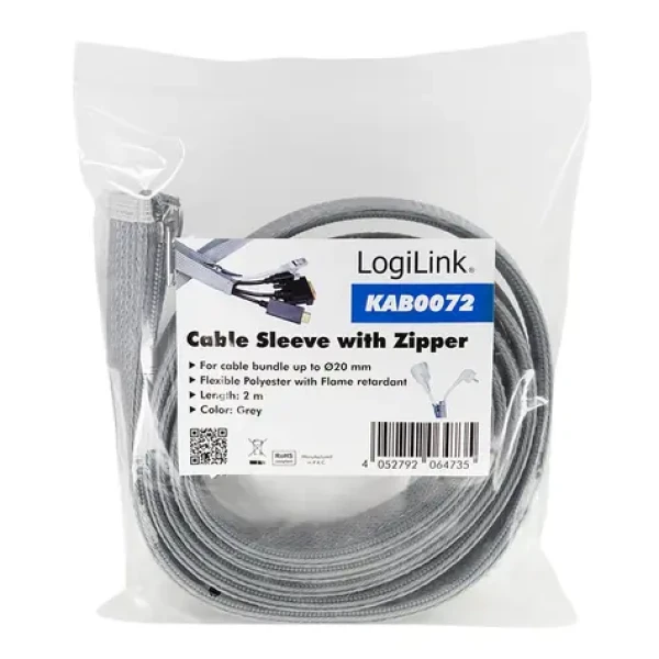 LogiLink Organizátor káblov so zipsom šedá / Organizátor káblov / 30 mm x 2 m (KAB0072)