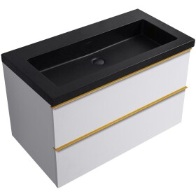 CERANO - Kúpeľňová skrinka Velora - biela matná, úchytka zlatá + umývadlo z lit. mramoru Ovo - čierna matná - 80,5x58x46,5 CER-979952