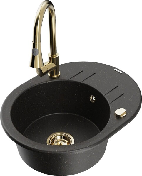 MEXEN/S MEXEN/S - Kevin granitový drez 1 s odkvapkávačom vrátane batérie Elia, čierna/zlatá metalik 6517-75-670101-50