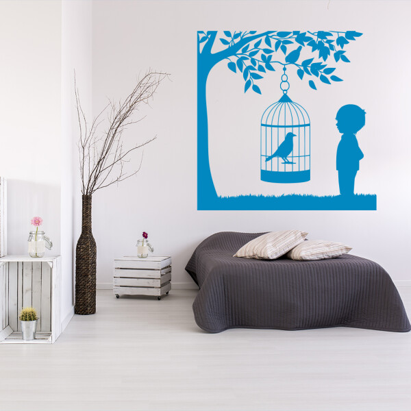 Veselá Stena Samolepka Vtáčik v klietke na strome Farba: modrá, Veľkosť: 40 x 40 cm