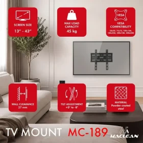 Maclean MC-189 čierna / Nástenný držiak pre TV / 13-43" / VESA 200x200 / nosnosť 45 kg / naklápanie (MC-189)