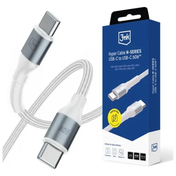 3mk Hyper kábel N-SERIES USB-C na USB-C 1m 20V/3A 60W biela (5903108680219)