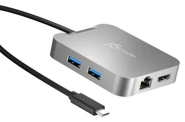J5Create 4K60 Elite USB-C PD adaptér strieborná / Adaptér / HDMI 60Hz / RJ-45 / 2x USB 3.2 Gen2 / USB-C (JCD391-N)