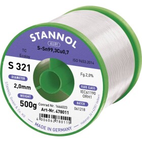 Stannol S321 2,0% 2,0MM SN99,3CU0,7CD 500G spájkovací cín bez olova bez olova, cievka Sn99,3Cu0,7 ORH1 500 g 2 mm; 631914