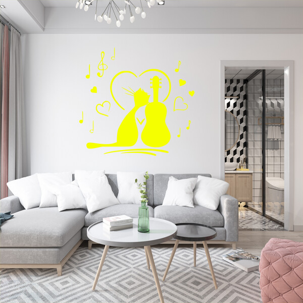 Veselá Stena Samolepka Mačička milujúca hudbu Farba: žlutá, Veľkosť: 100 x 93 cm