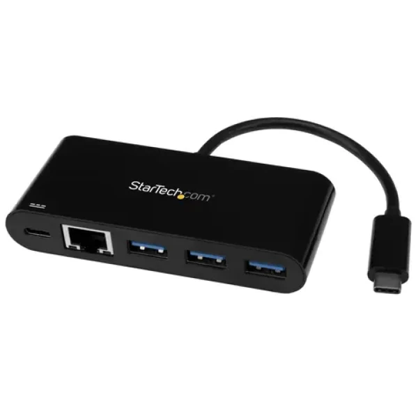 StarTech USB-A Hub 3 porty čierna / napájanie 60W / 3x USB-A / 1x USB-C / 1x RJ-45 (HB30C3AGEPD)