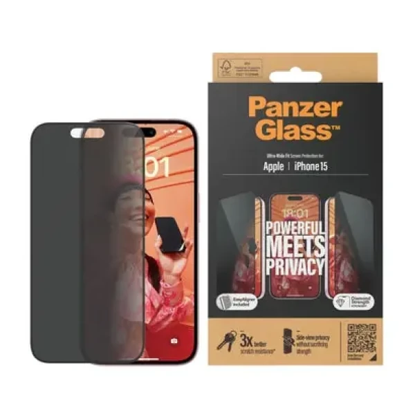 PanzerGlass Tvrdené sklo UWF Privacy s aplikátorom pre iPhone 15 čierna (P2809)