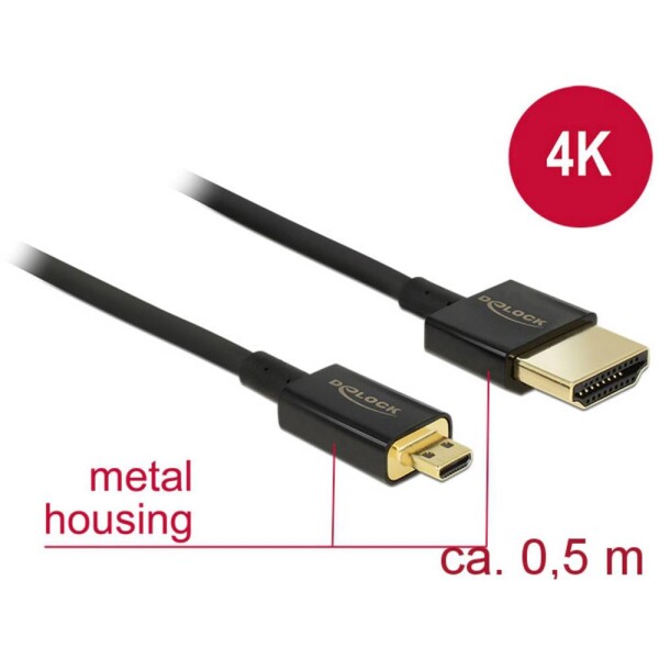 Delock HDMI prepojovací kábel Zástrčka HDMI-A, Zástrčka HDMI Micro-D 0.50 m čierna 84788 4K UHD, pozlátené kontakty HDMI kábel; 84788