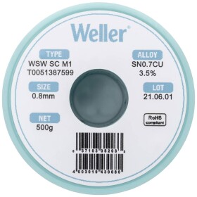 Weller WSW SC M1 spájkovací cín bez olova cievka Sn0,7Cu 500 g 0.8 mm; T0051387599