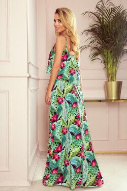 Dlouhé dámské letní šaty na se vzorem zelených listů a květů M model 8375405 - numoco