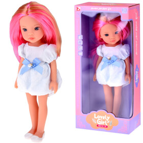 Mamido Lovely Girl Roztomilá bábika s ružovými vlasmi v bielych šatách s modrou mašľou 33 cm