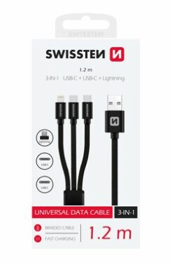 Swissten TEXTILE dátový kábel 3v1 2x USB-C (M) - Lightning (M) - USB-A (M) 1.2m čierna / 60W / 3A (72501103)