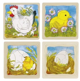 GOKI Vývojové drevené puzzle Sliepky
