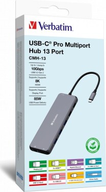 Verbatim USB (3.2) hub 13-port, 32153, Sivý, długość przewodu 20 cm, Verbatim, 2x USB C, 6x USB A, 2x HDMI