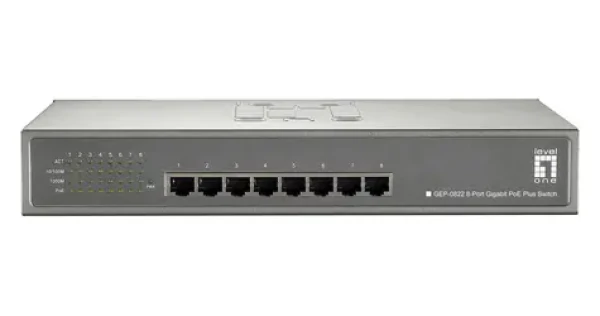 LevelOne PoE+ switch 8x Gigabit 240W / Switch / Unmanaged / 8x GbE PoE+ porty / Rack 19" / kovové telo (GEP-0822)