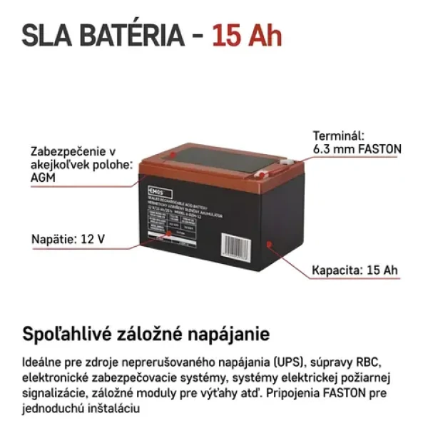 Emos Bezúdržbový olovený akumulátor 12 V (B9656V) / 12 Ah / Faston 6,3 mm (B9656V)