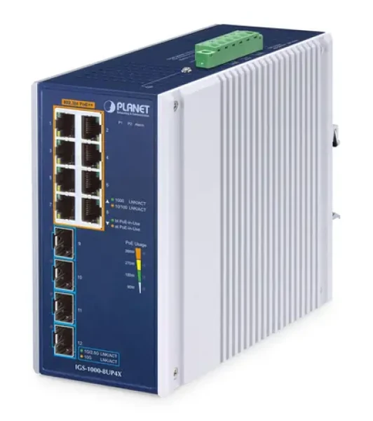 Planet IGS-1000-8UP4X / Switch priemyselný / Unmanaged / 8x Gigabit PoE+ / 4X SFP / IP30 (IGS-1000-8UP4X)