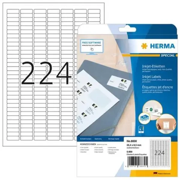 Herma Etikety pre atramentové tlačiarne 25,4x8,5 mm / Etikety / A4 / biele / 5600 ks (8830)