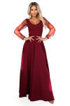 640-1 LORETTA jedinečné dlhé šaty s tylovými rukávmi a výstrihom - bordové XXL