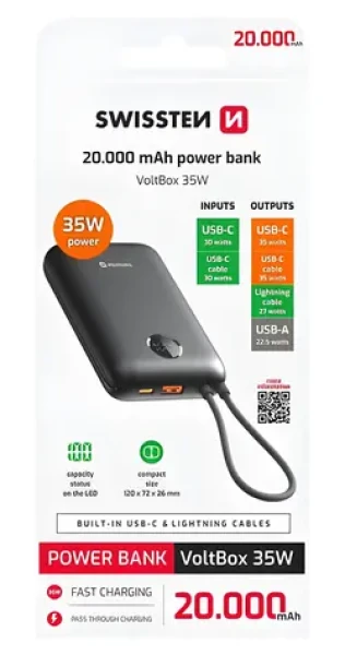Swissten VOLTBOX 20000mAh čierna / Powerbanka s integrovanými káblami / 35W / USB-C + Lightning