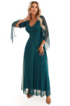 655-2 Dlhé svetlé trblietavé šaty s výstrihom a priehľadnými rukávmi - smaragdovo zelené UNI