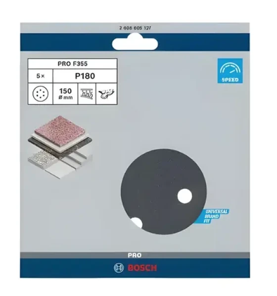 BOSCH Brúsny papier P180 O150 mm / Brúsny papier / Pre vibračné brúsky / Suchý zips / 6 otvorov / 5 ks (2608605127)