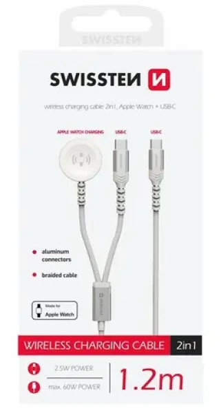 Swissten Magnetický kábel pre Apple Watch a USB-C 1.2m biela / USB-C / 2v1 / 60W / opletený (22065504)