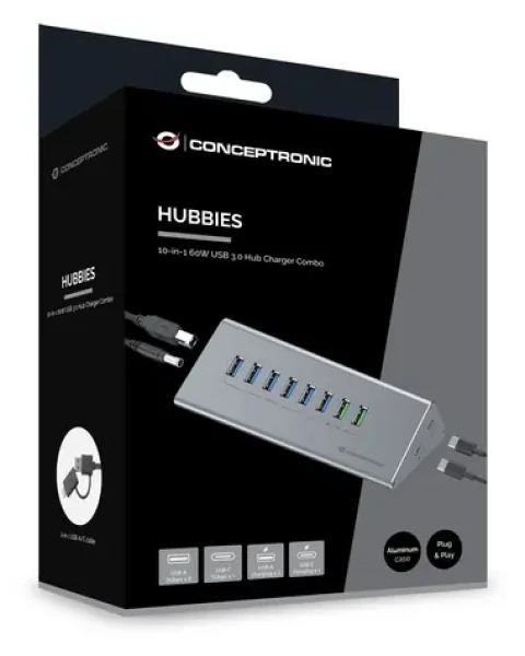 Conceptronic USB-C hub 10 portov šedá / Hub / 6x USB-A 3.0 / 2x USB-C / napájací adaptér 60W (HUBBIES18G)