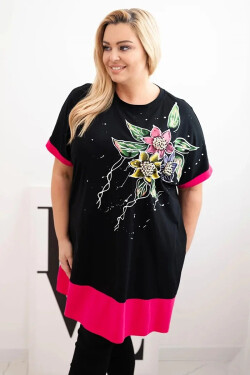 Dámske Plus veľkosť tunika s kvetinovým vzorom a dekoratívne korálky Fuchsia UNI
