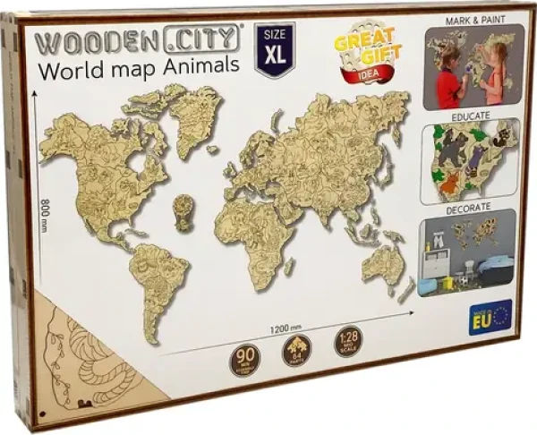 Wooden City Drevená mapa sveta ZOO XL (120x80cm)