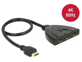 DeLock HDMI Switch 3×1 čierna / Prepínač HDMI / 4K 60 Hz / HDCP 1.4/2.2 / kábel 50 cm (18600)