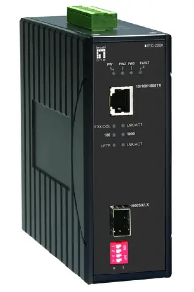 LevelOne priemyselný mediakonvertor RJ45/SFP / Mediakonvertor / Gigabit Ethernet / IP30 / DIN lišta (IEC-2000)