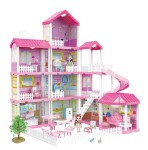 Mamido Mamido Domček pre bábiky so svetlami LED a dvoma bábikami 312 dielikov ružový MT1584